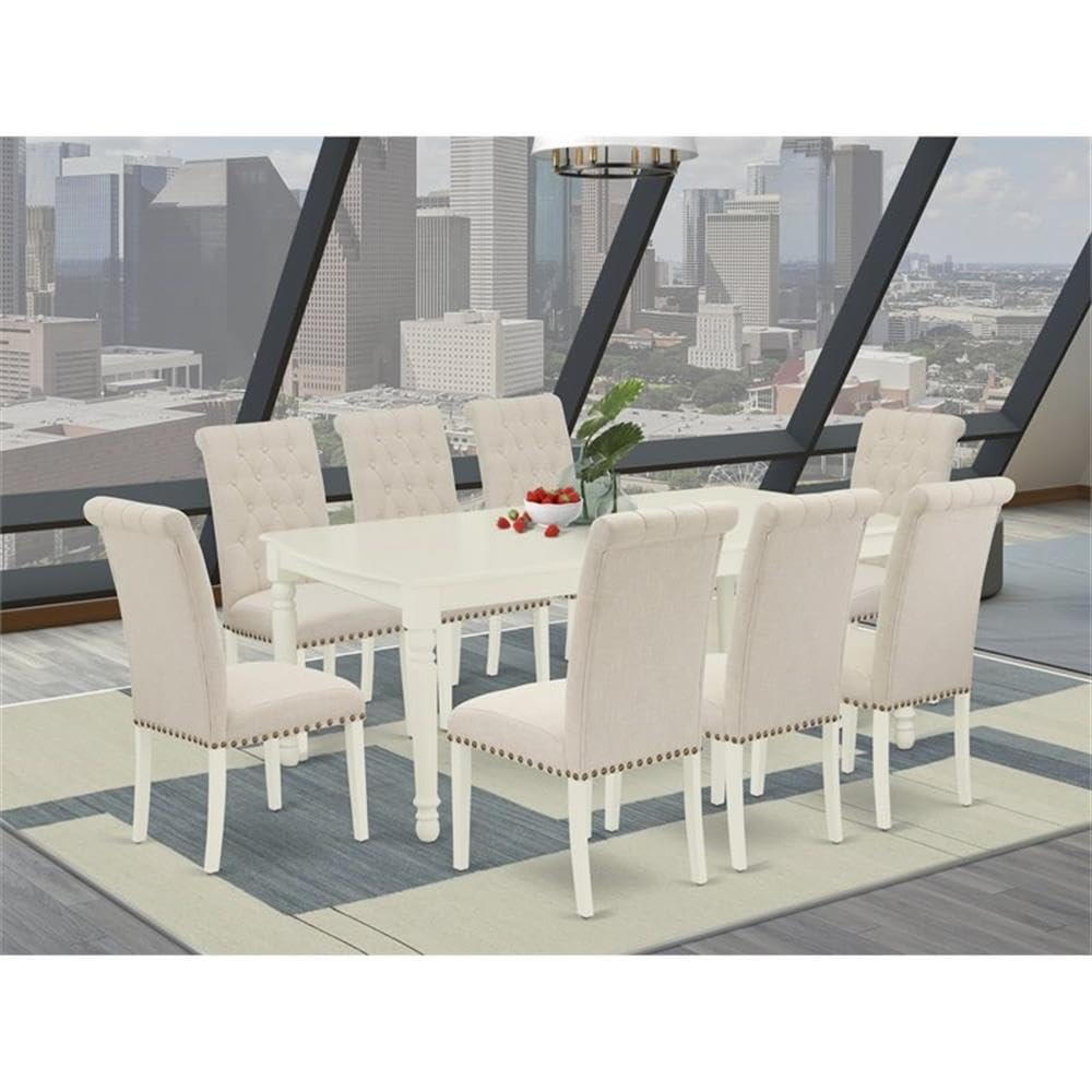 East West Furniture Dobr9-Lwh-02 9 Piece Dining Set Includes A Rectangle Dining Room Table With Butterfly Leaf And 8 Light Beige Linen Fabric Upholstered Chairs, 42X78 Inch, Linen White